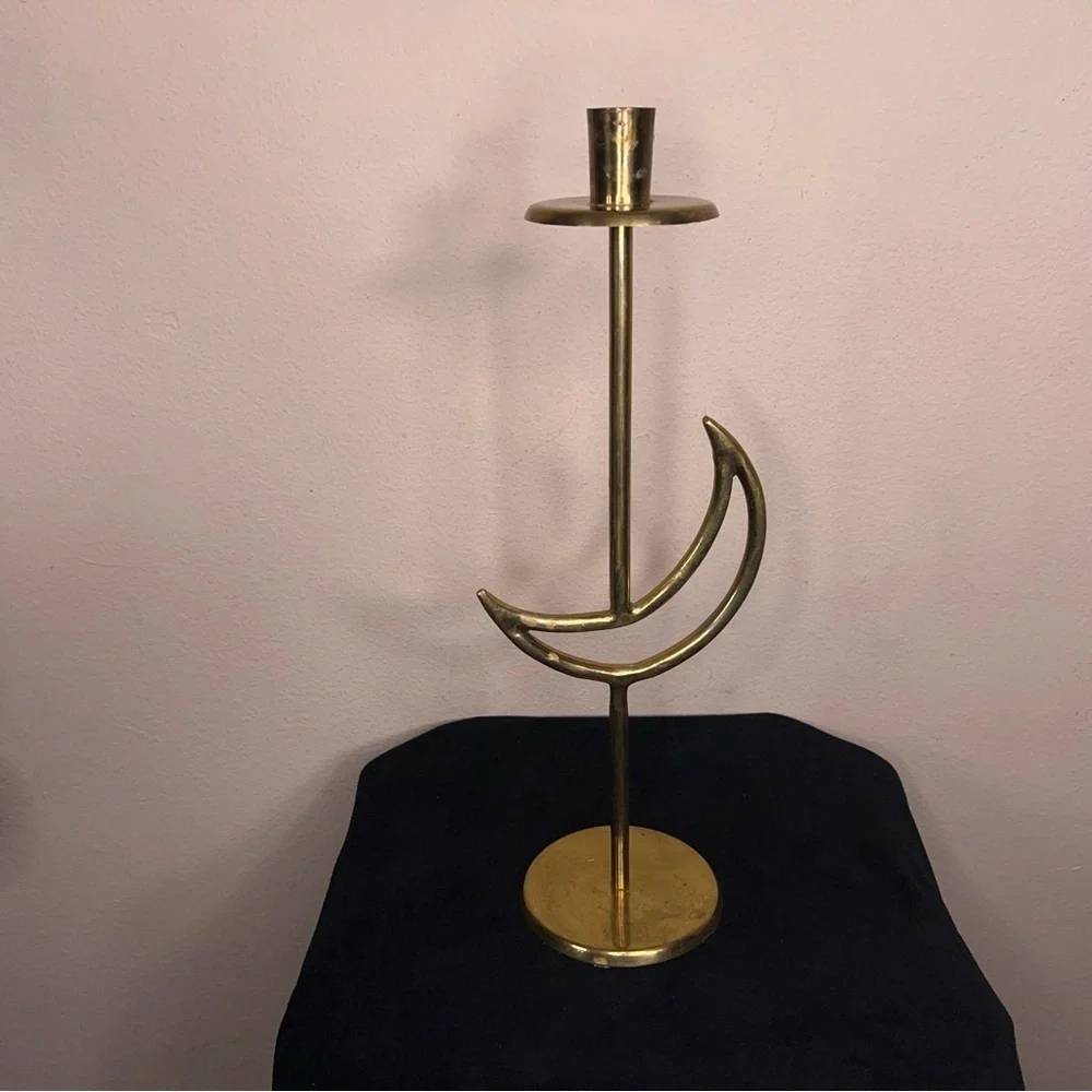Vintage 90s Celestial Brass Moon Candlestick Goth Retro 14” Height